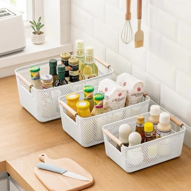 Caixa Organizadora  36cm Branca Para Roupas, Brinquedos, Escritório, Lavanderia com Alça de Madeira