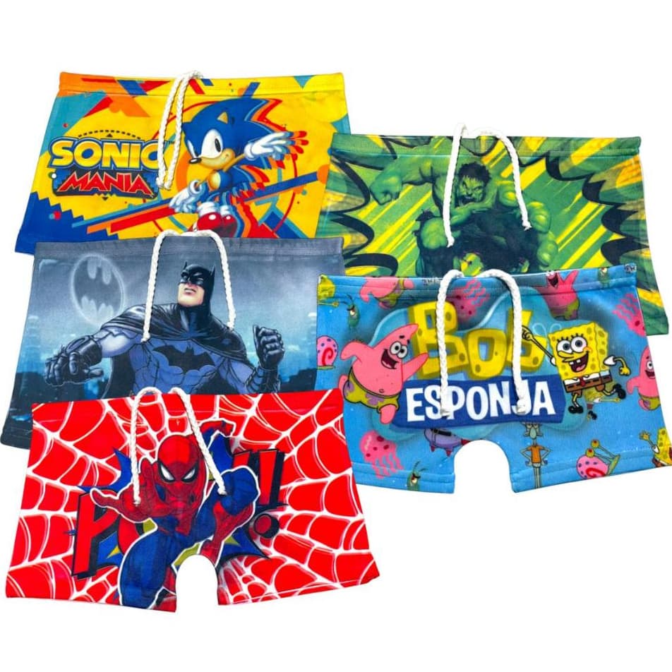 Kit 5 Sunga Infantil Box Boxer Estampada Personagens Variados Piscina Praia Menino