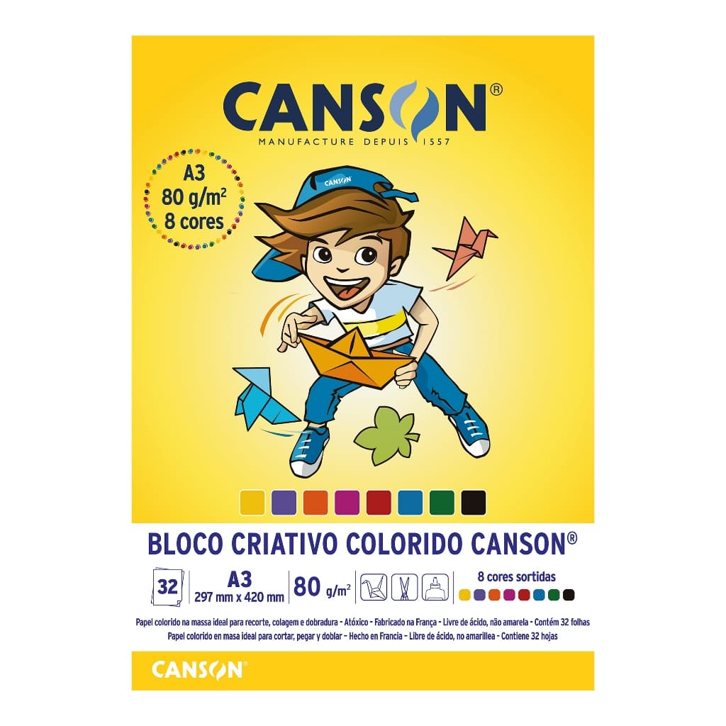 Papel Colorido Canson 8 Cores A3 32 Folhas 80g/m2 Criativo Dobradura Artesanto Recorte