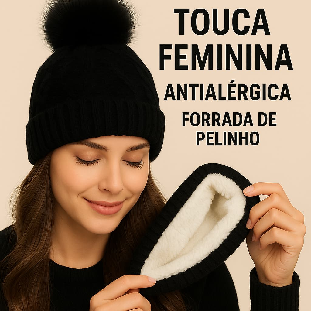 Touca Gorro De Lã Antialérgica Feminina Forrada De Pelinho com Pompom Pérola