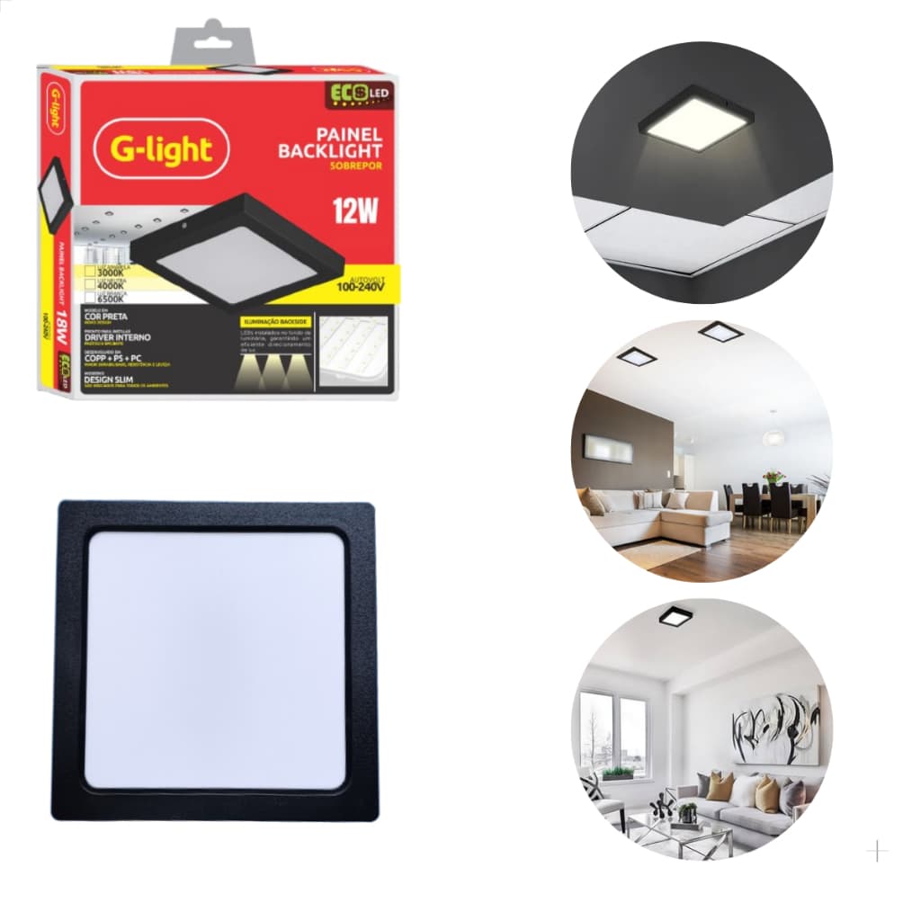 Luminária Painel Plafon Led 12W Preto Quadrado Sobrepor Branco Frio 6500K 100-220v