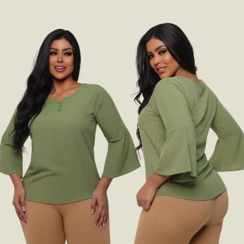 Blusa Feminina Manga Flare Botões Look Elegante Dunas Casual Moda Leve
