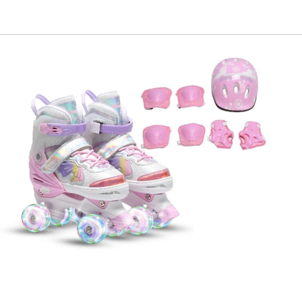 Patins Borboleta Infantil com LED 4 Rodas  Ajustável com Kit Proteção completo
