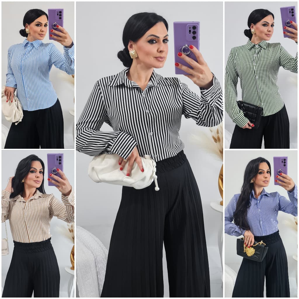 CAMISA MANGA LONGA LISTRADA RISCA DE GIZ MODA FEMININA TECIDO CREPINHO