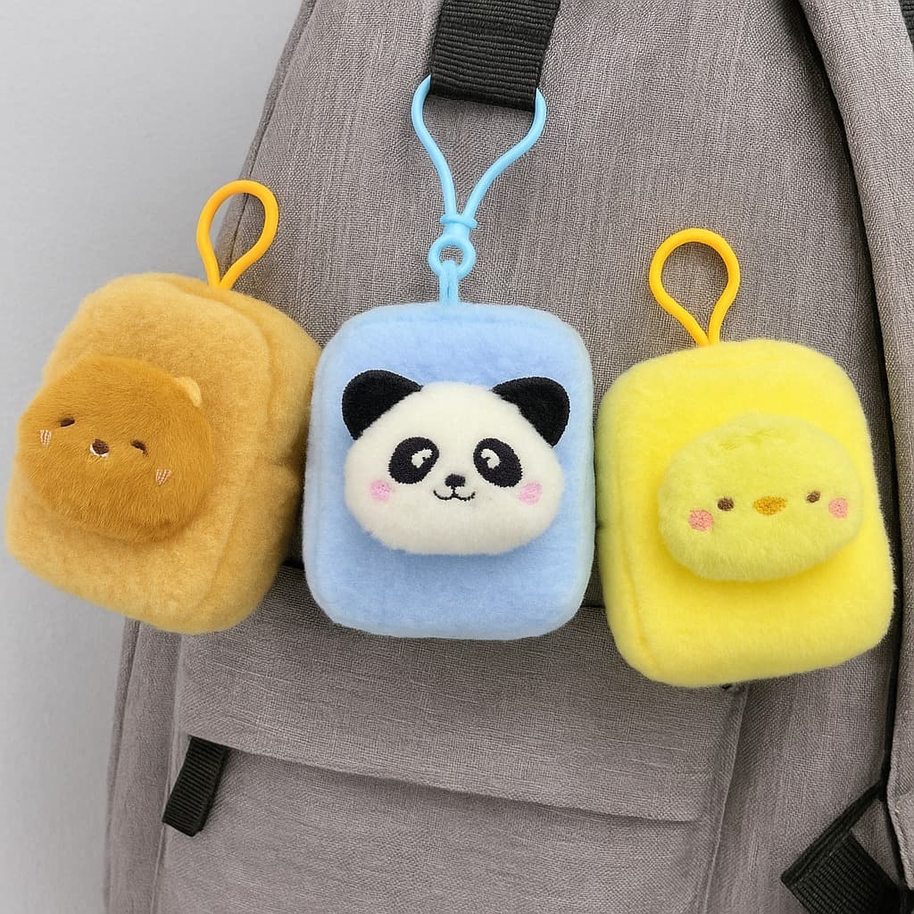 Kit com 3 Mini Mochilas de Pelúcia – Ursinho, Panda e Pintinho