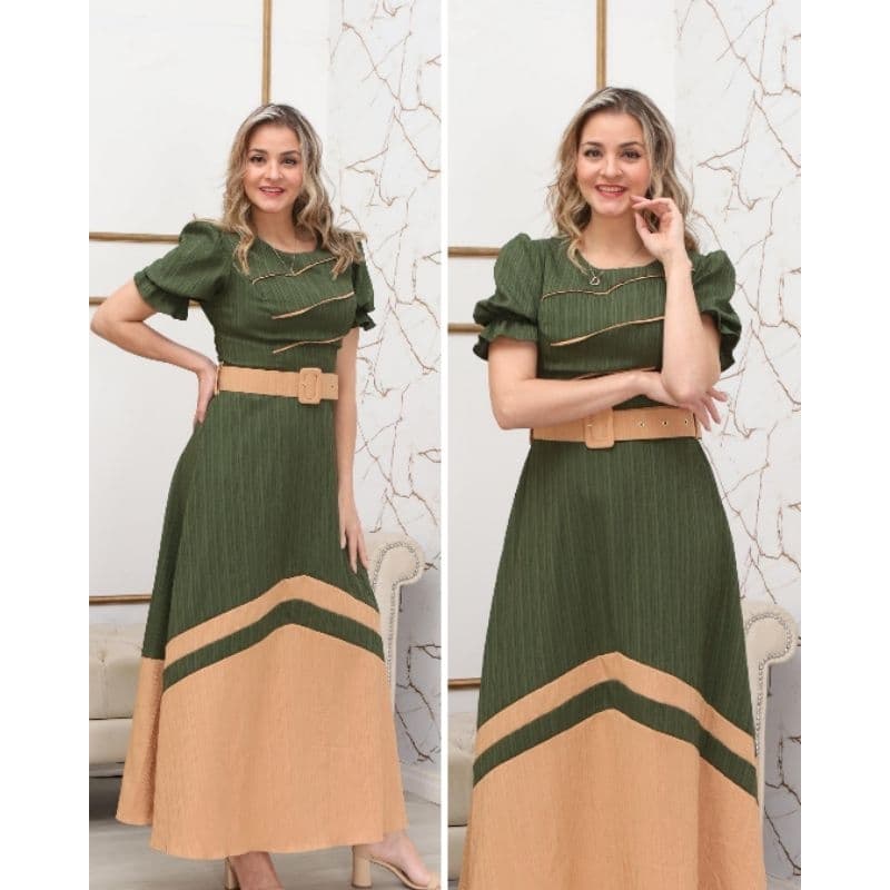 Vestido longo com cinto, de manga moda modéstia