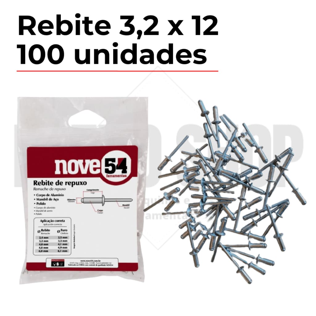 Rebite de alumínio 3,2 x 12 mm pacote com 100 peças