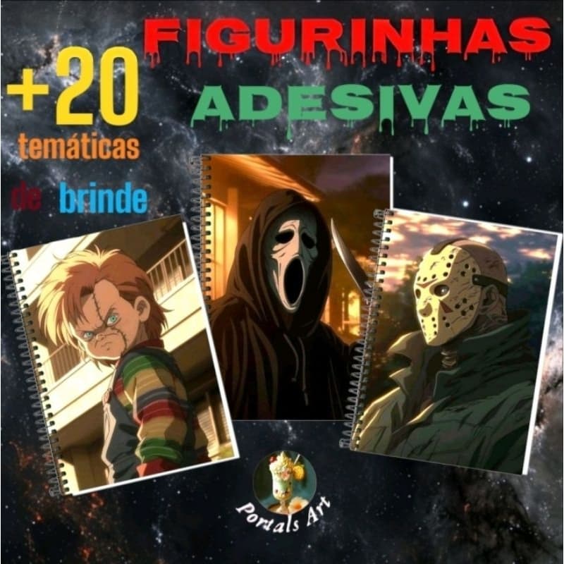 Caderno A4 personagens terror versão anime+ 20 figurinhas adesivas temáticas de brinde