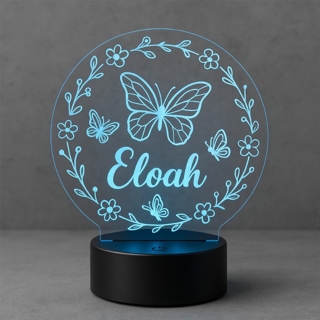 Luminária Acrílico Borboleta Personalizada com Nome LED 7 Cores USB Pilha Presente Decorativo