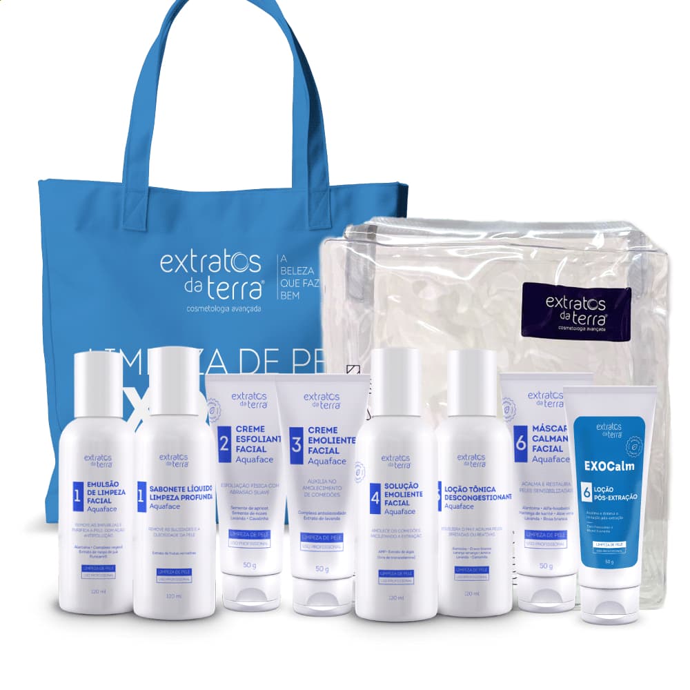Mini Kit de Limpeza de Pele Completo Profissional + Solução Exocalm com Necessaire e Bolsa Exclusiva Extratos da Terra