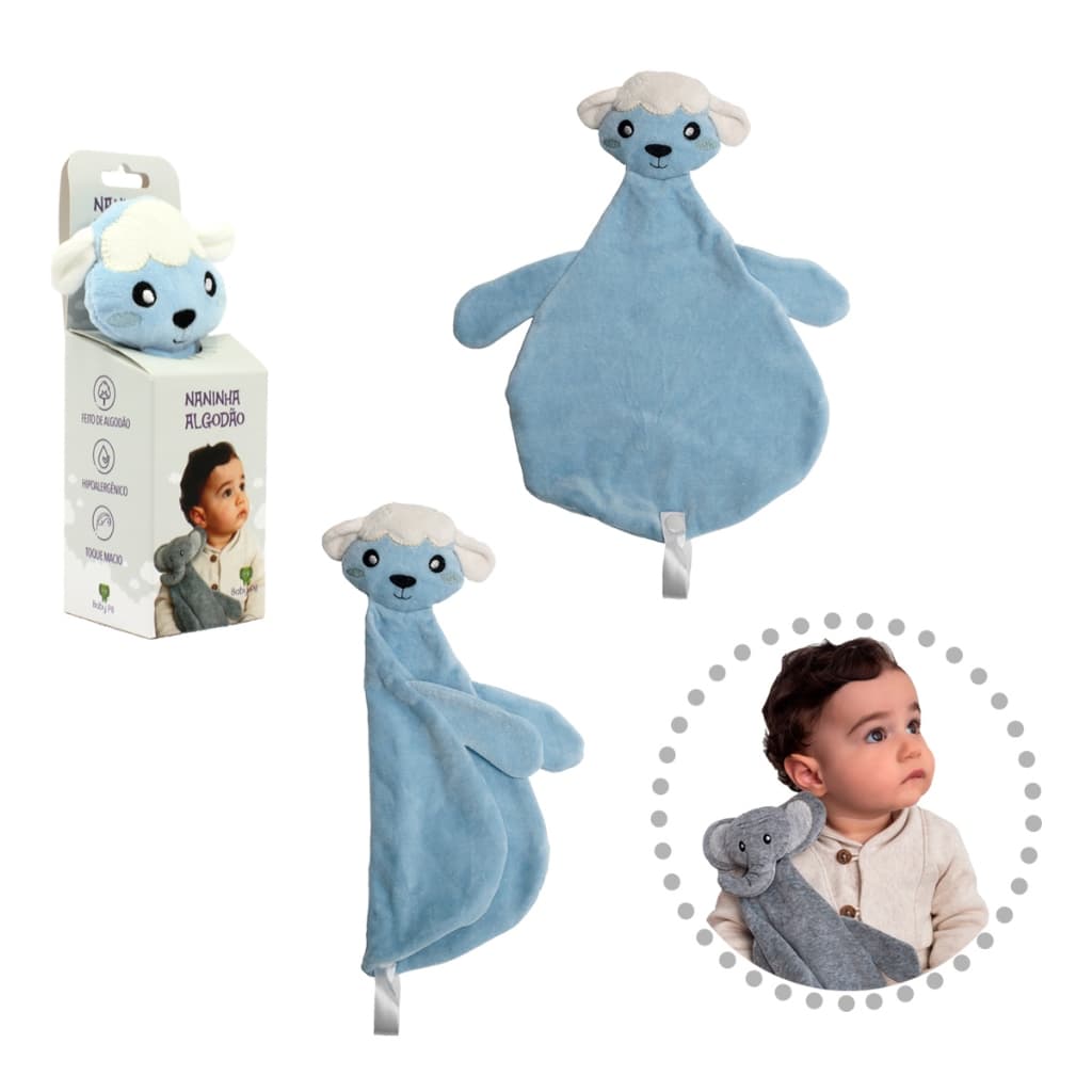 Naninha Baby Pil Carneirinho Azul - Doudou Bebê Conforto e Segurança Presente Recém-Nascido Menino