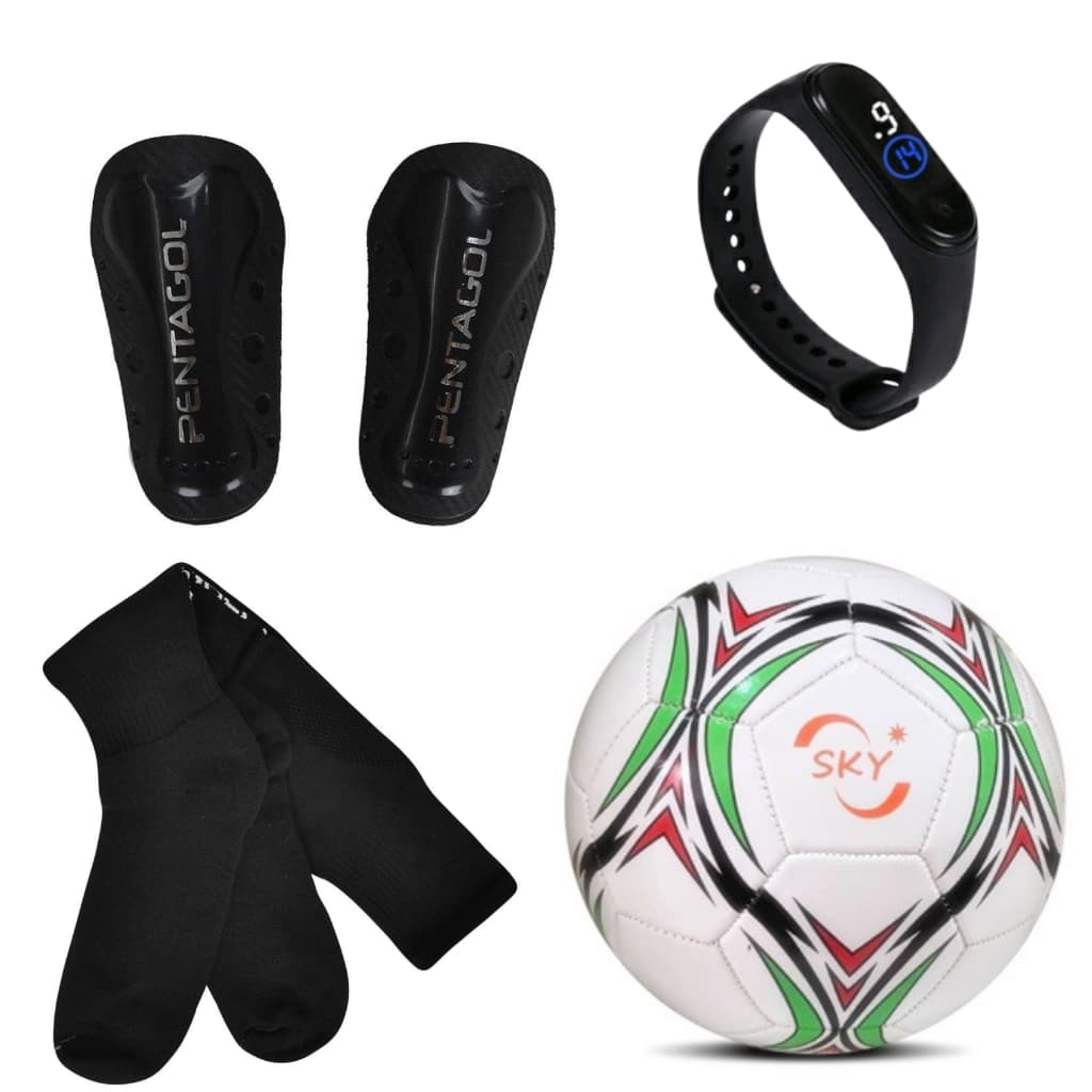 kit futebol infantil juvenil caneleira+meião+bola oficial+relogio
