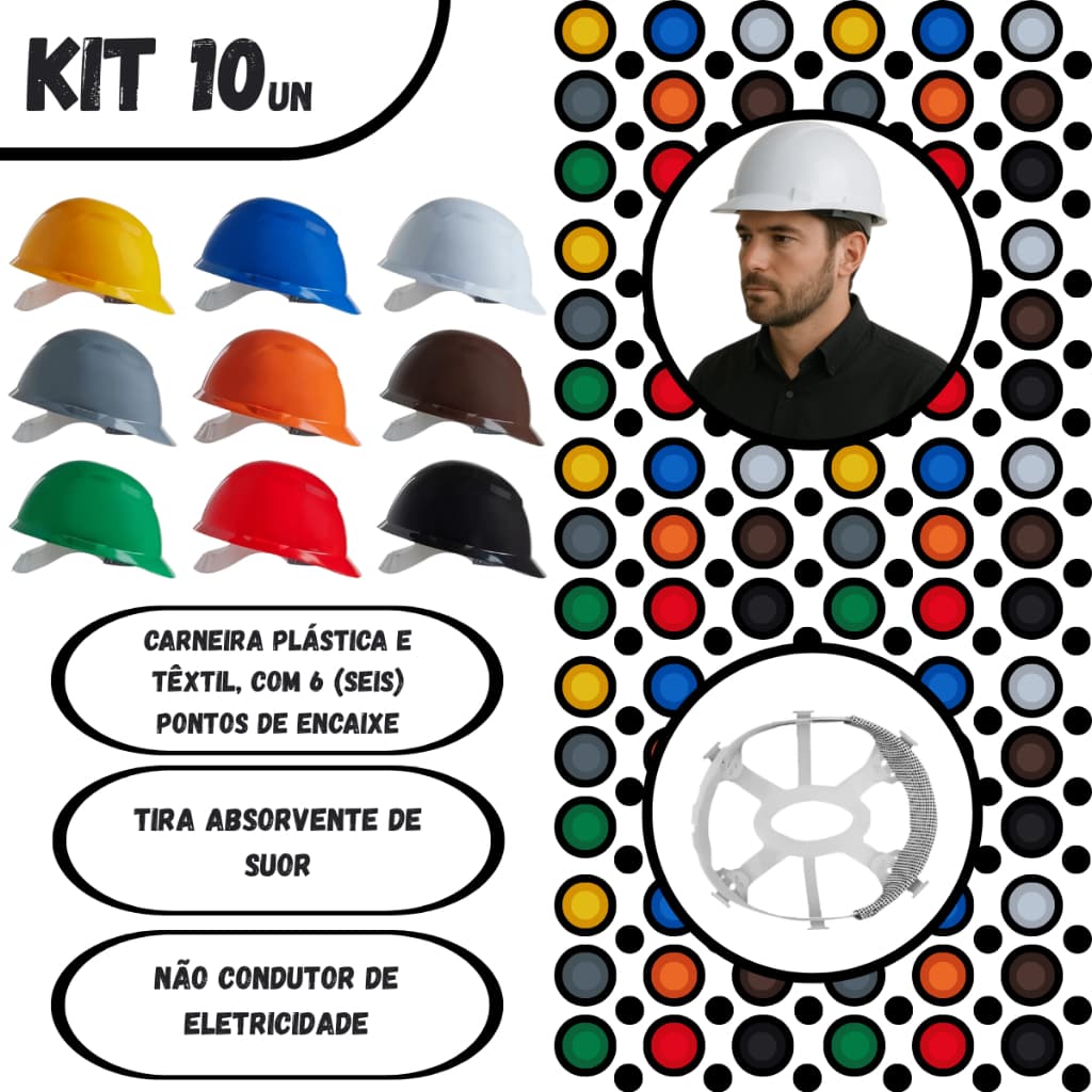 Kit 10 Capacetes Segurança Camper Avant C/ Carneira Plástica Epi Proteção Construção Civil, Mineração, Indústrias, Obra
