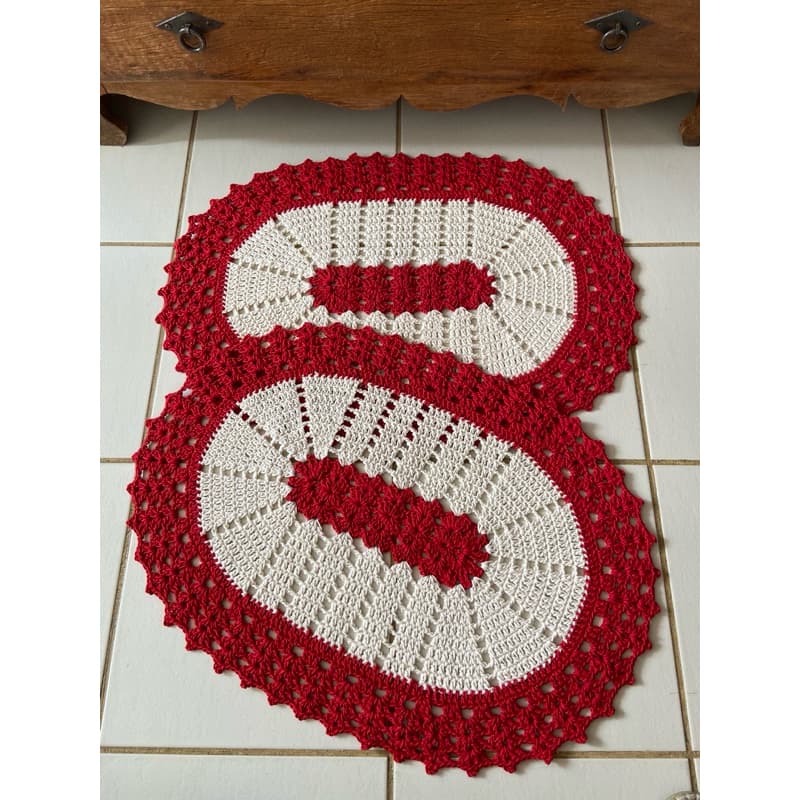 Par de Tapetes de Crochê Vermelho 64x45 Tapetinho de Porta, Banheiro, Lavabo