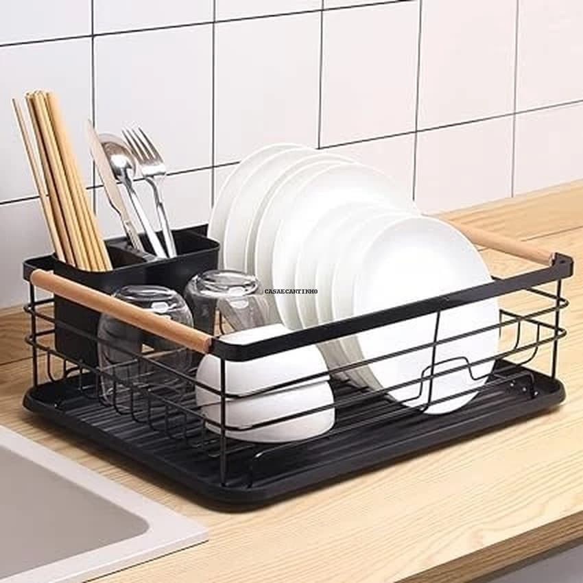 Escorredor de Louça Preto Branco Para Pratos Talheres de METAL Com Bandeja Moderno Cozinha Pia