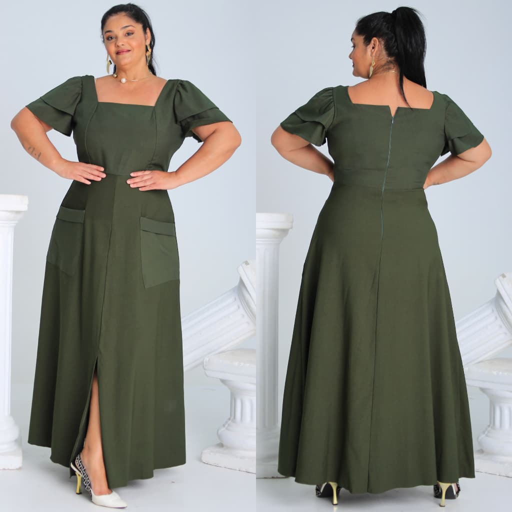 Vestido Longo Elegante Feminino com Decote Quadrado, Mangas Estilizadas e Bolsos - Tendência