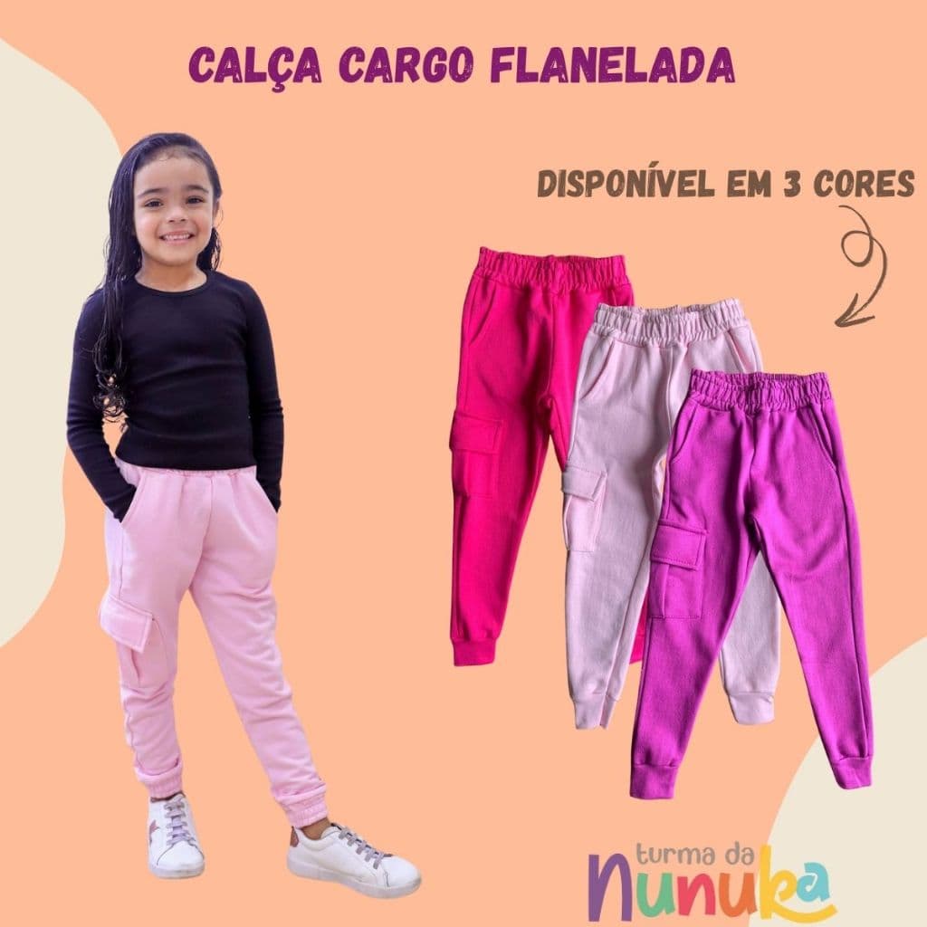 CALÇA CARGO MOLETOM MENINA INFANTIL FLANELADA BOLSOS E PUNHOS MODINHA CORES VARIADAS