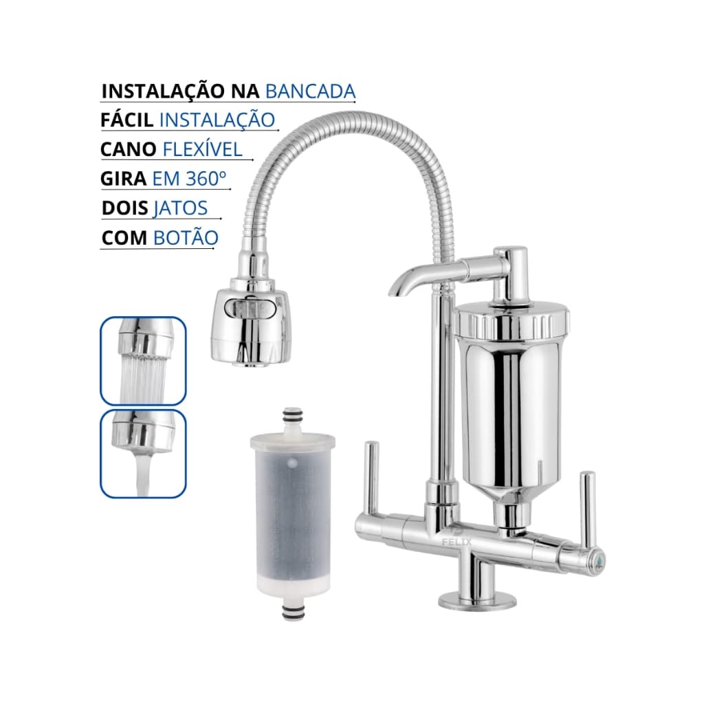 Torneira com Filtro Bancada Gourmet Flexível Bica Móvel Dois Jatos 1/4 de Volta com Botão + Refil