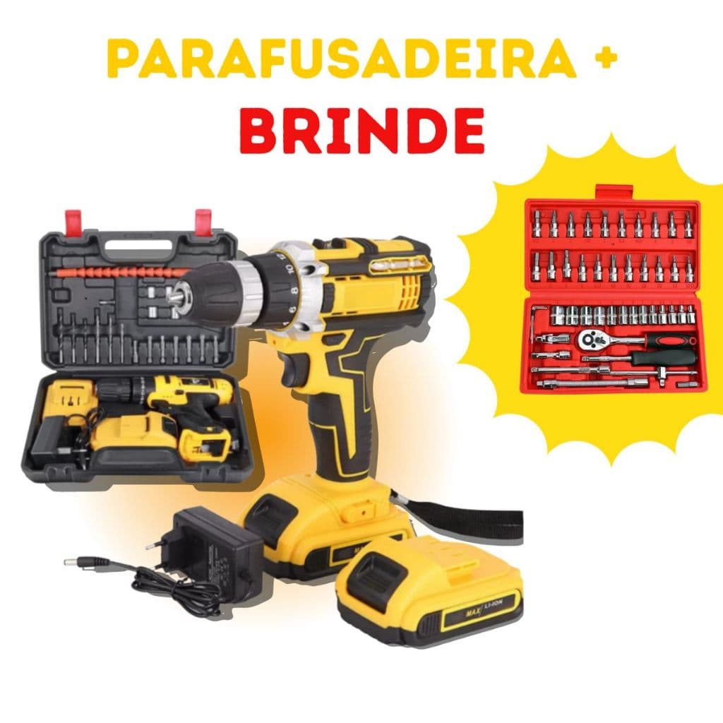 Parafusadeira e Furadeira com 2 Baterias + Kit 46 Soquetes + Maleta e Acessórios Completo Premium