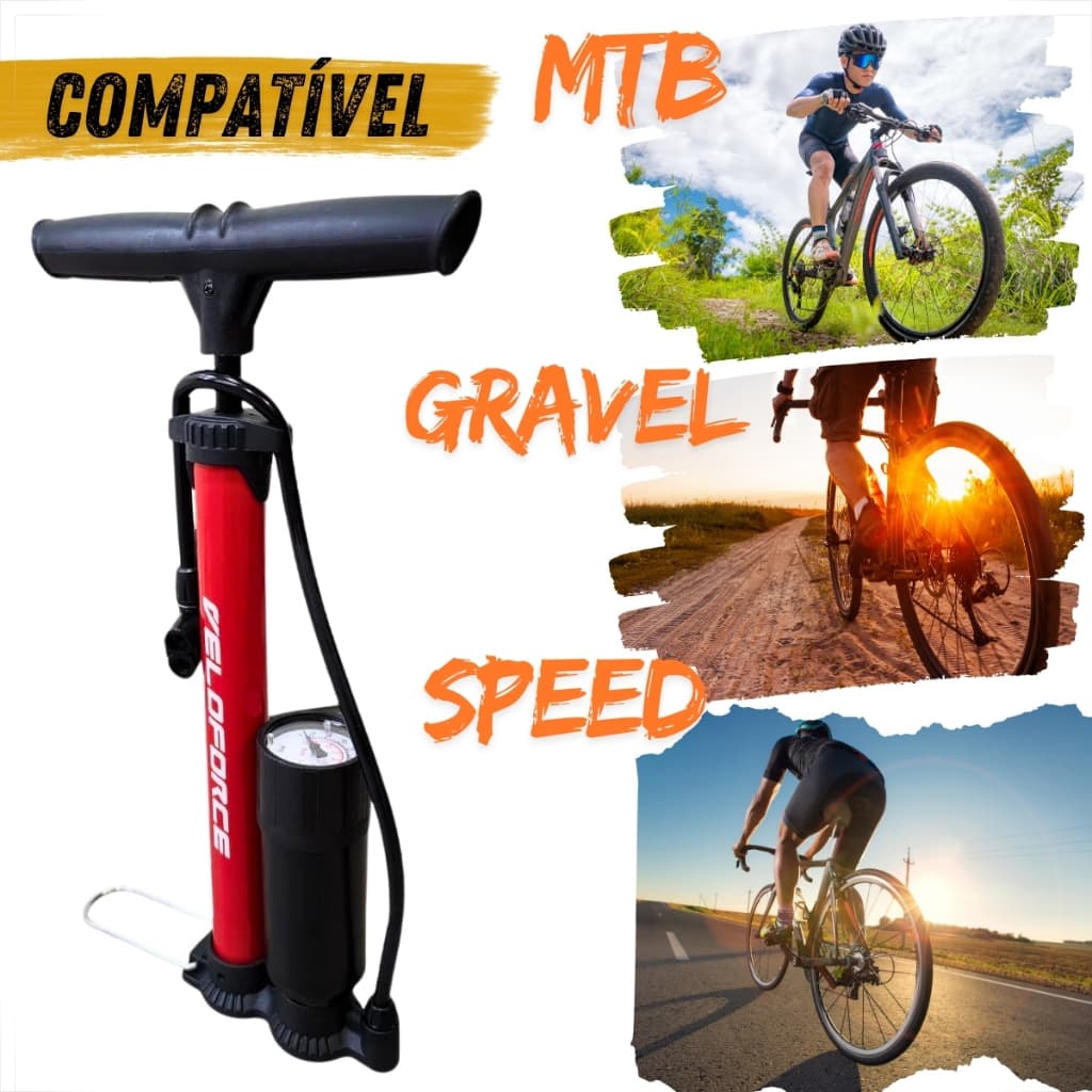 Bomba Manual Oficina Para Bike 100PSI Manômetro Bico Duplo Fino e Grosso