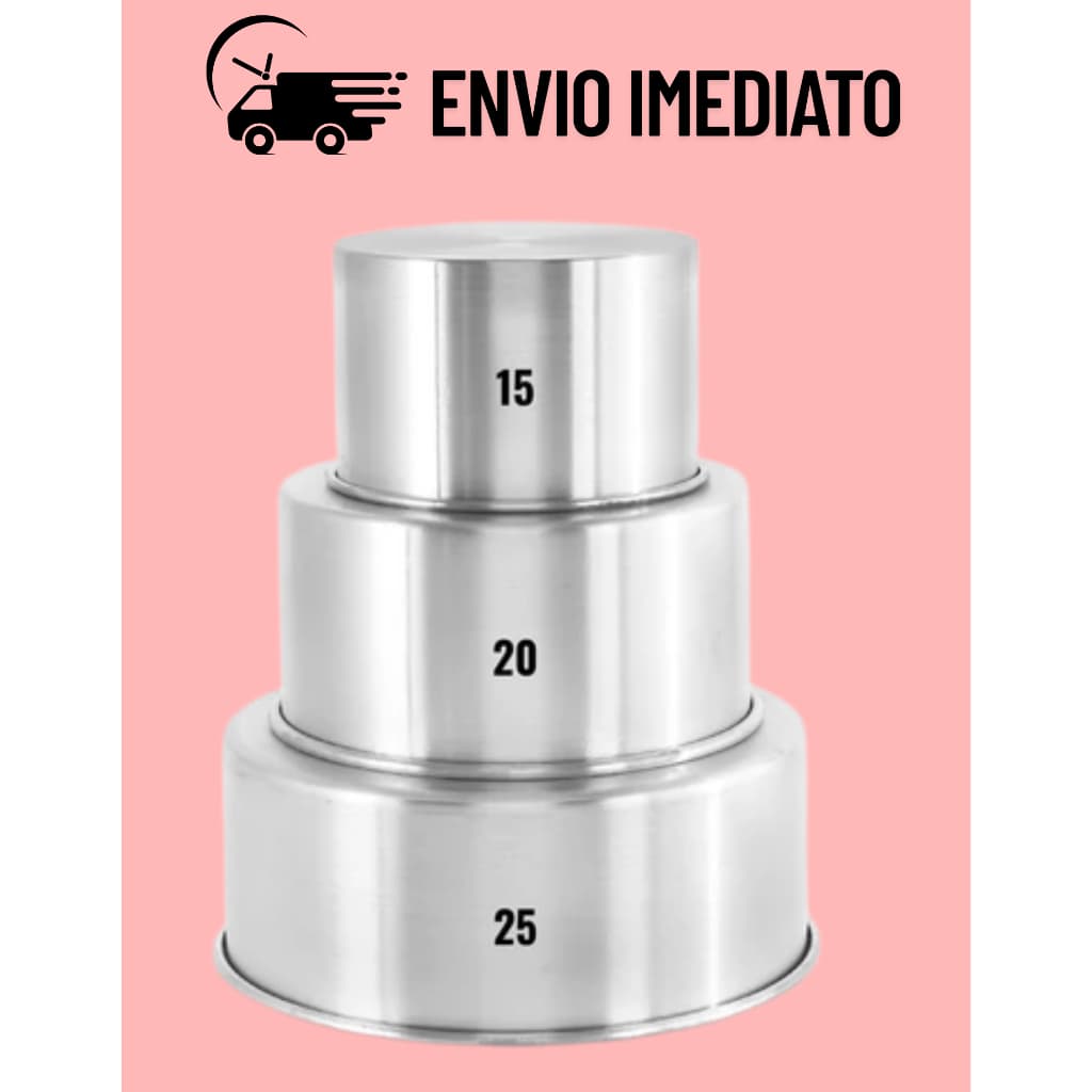Kit com 3 Formas Redondas em Alumínio – Diâmetros de 15 cm, 20 cm e 25 cm x Altura de 10 cm cada