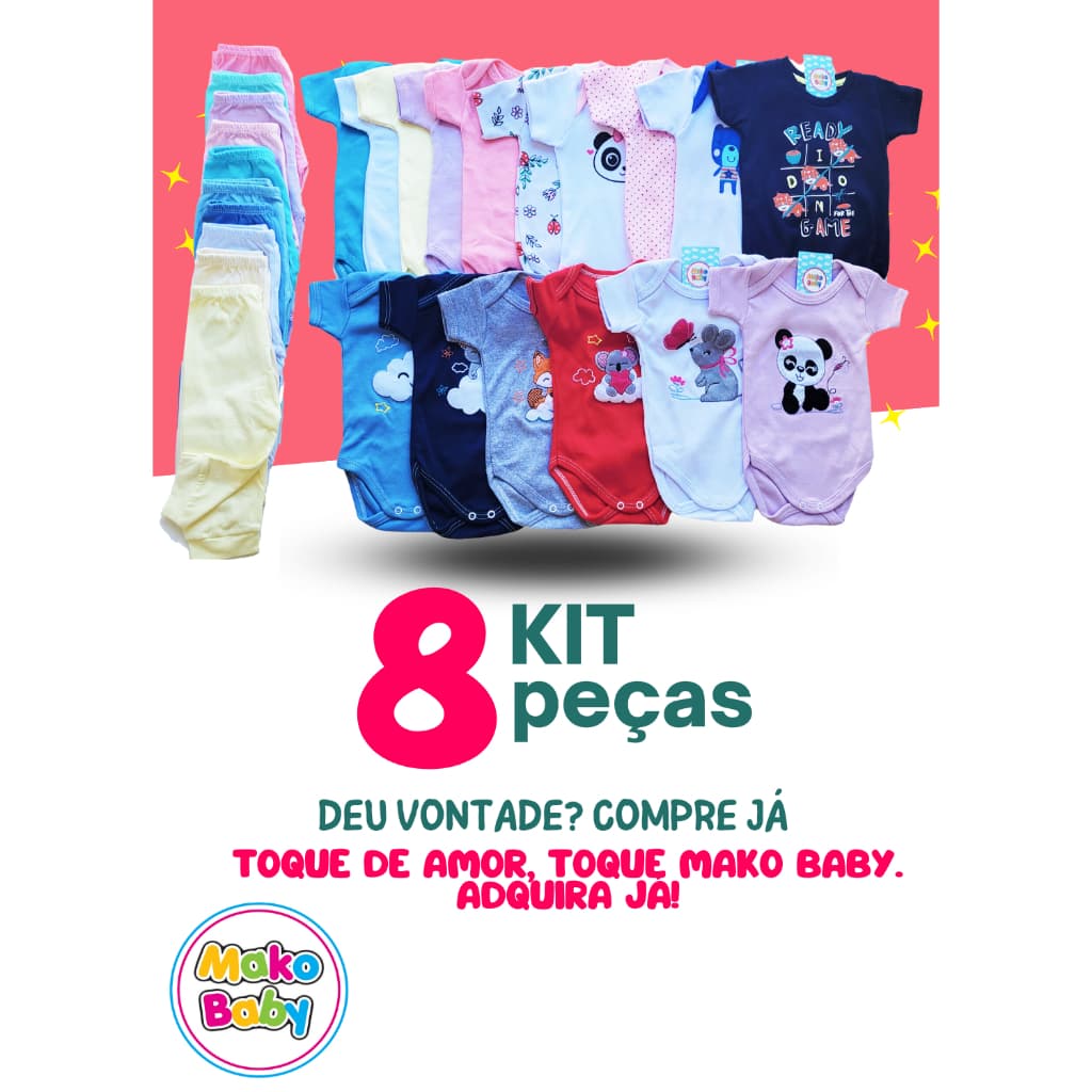 Kit 8 peças Enxoval Bebê Menino e Menina Body Calça Mijão Algodão Roupas de Bebê