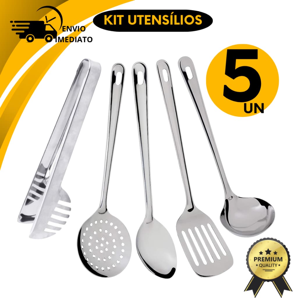 Escumadeira Colher de Arroz Espátula Vazada Concha Pegador Inox Kit Cozinha