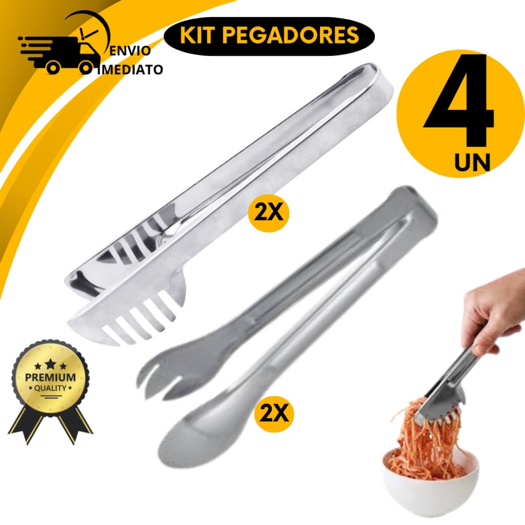 Kit Pegadores de Massa e Salada em Inox  Colher de Silicone Preto Doméstico e Profissional