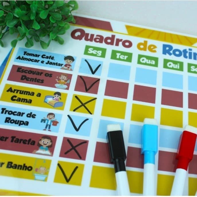 QUADRO ROTINA EDUCATIVO E INTERATIVO COM CANETINHA ESCREVE E APAGA SEMANAL DA CRIANÇA FIXAÇÃO COM IMÃ