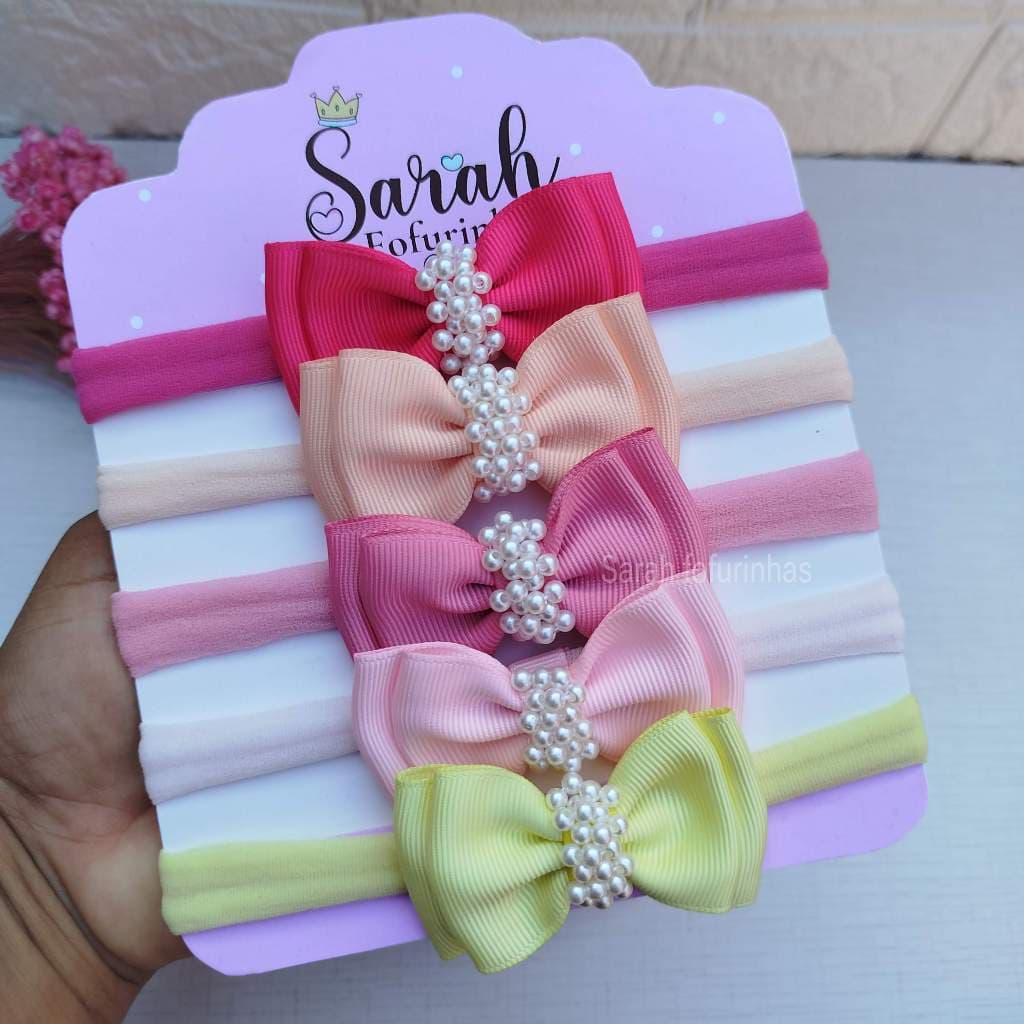 kit com 3~5 faixas de cabelo para bebê RN bordado com perolas/laço de bebê/laço RN