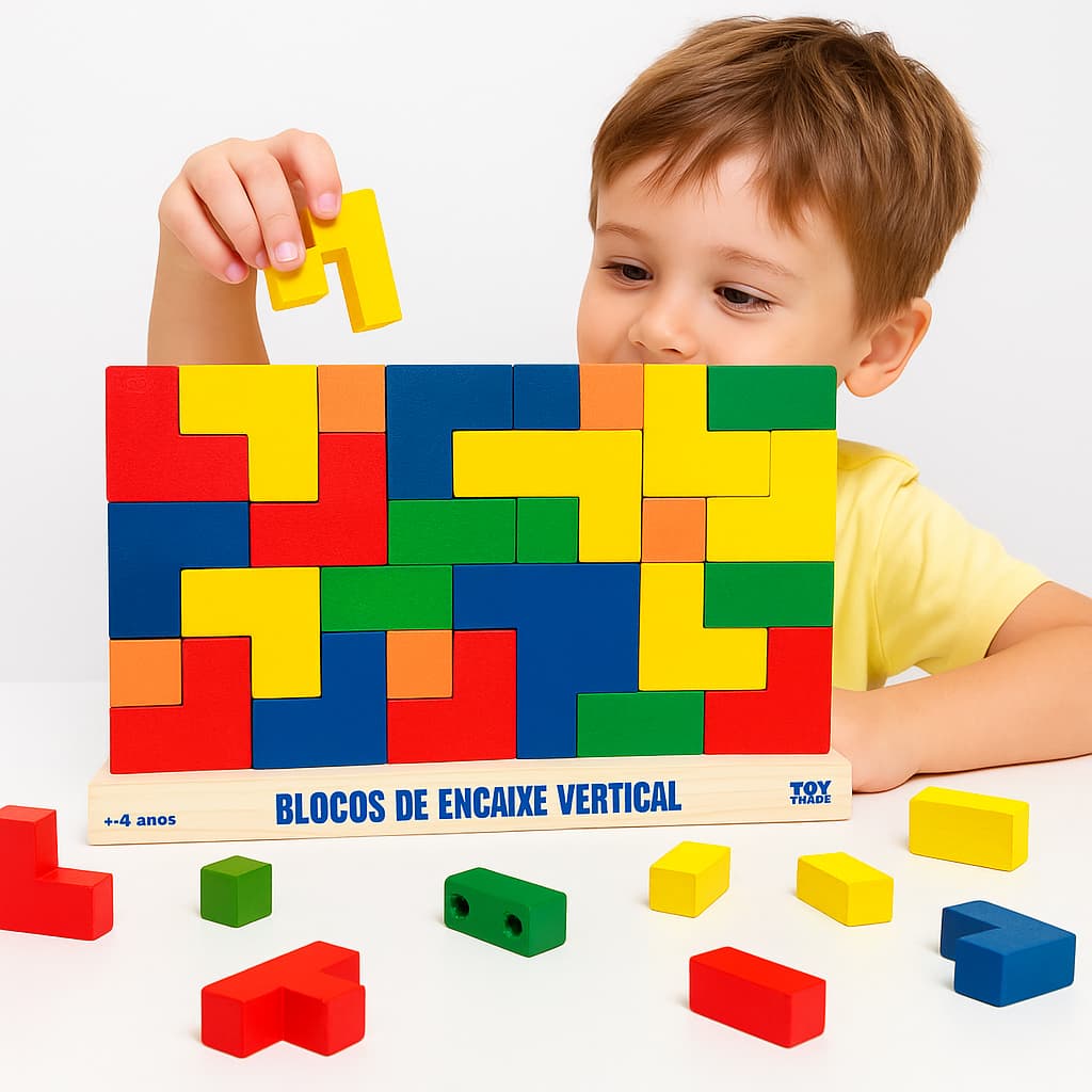 Brinquedo Educativo Blocos de Encaixe Vertical Tetris Madeira Colorida com 25 Peças Toy Trade