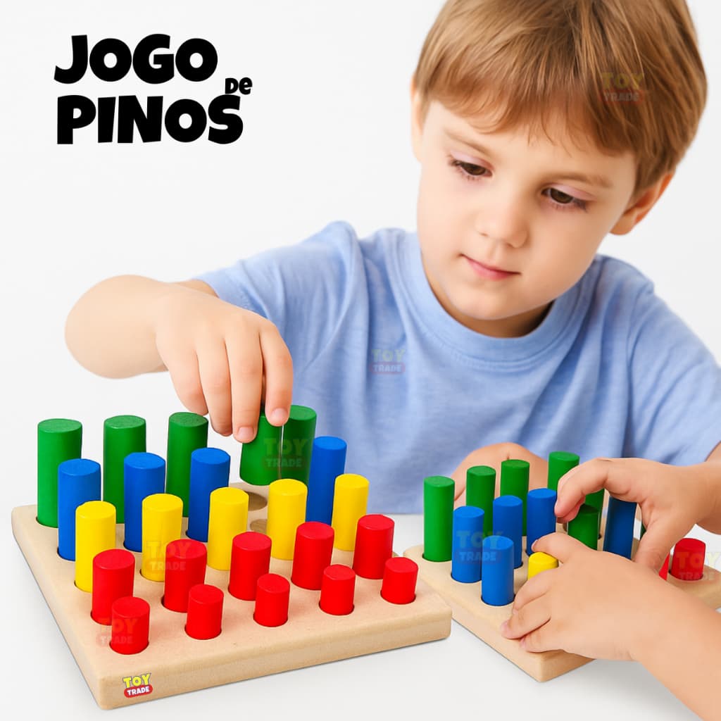Jogo de Pinos Coloridos em Madeira com Base Brinquedo Educativo de Encaixe Pedagógico Montessoriano