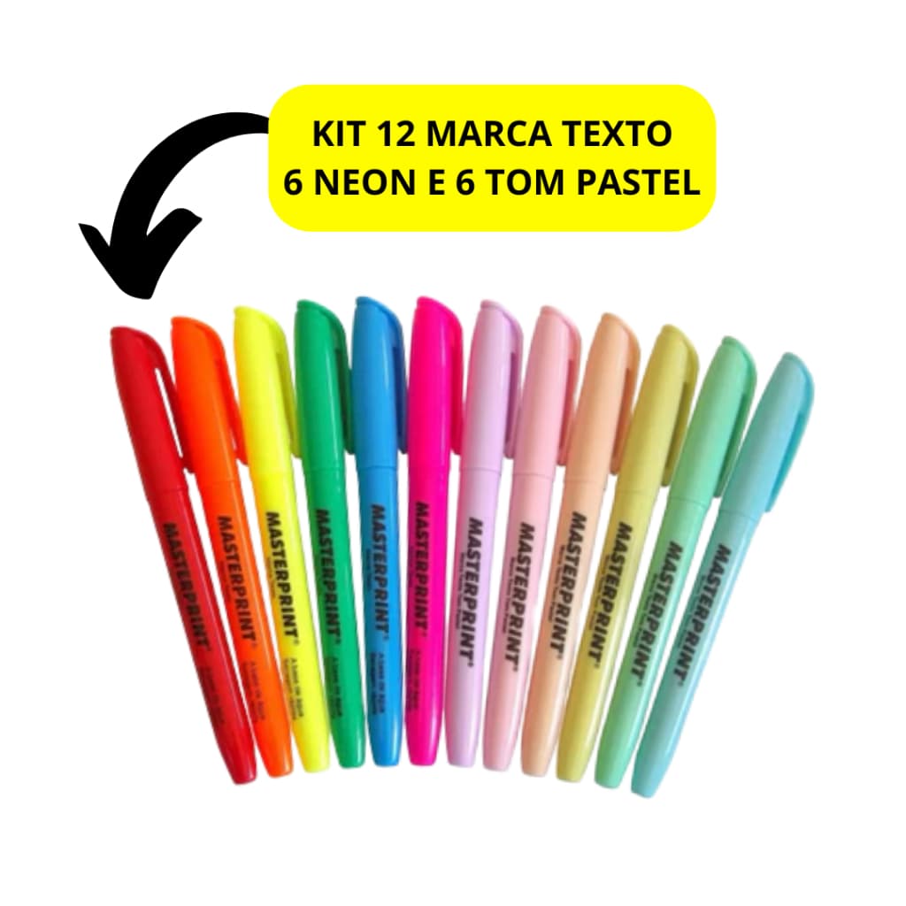 Kit 6 Caneta Marca Texto Masterprint Cores Pastel Ponta Chanfrada Papelaria Studygram Grifa Texto