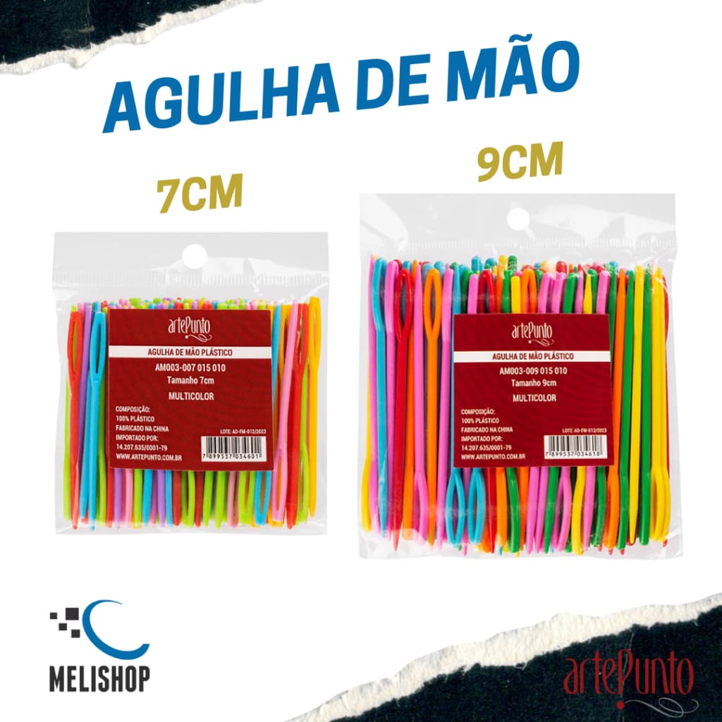 Agulha de Mão Plástica 7cm 9cm Kit 100 Unidades Costura Artesanato Colorida Resistente ArtePunto