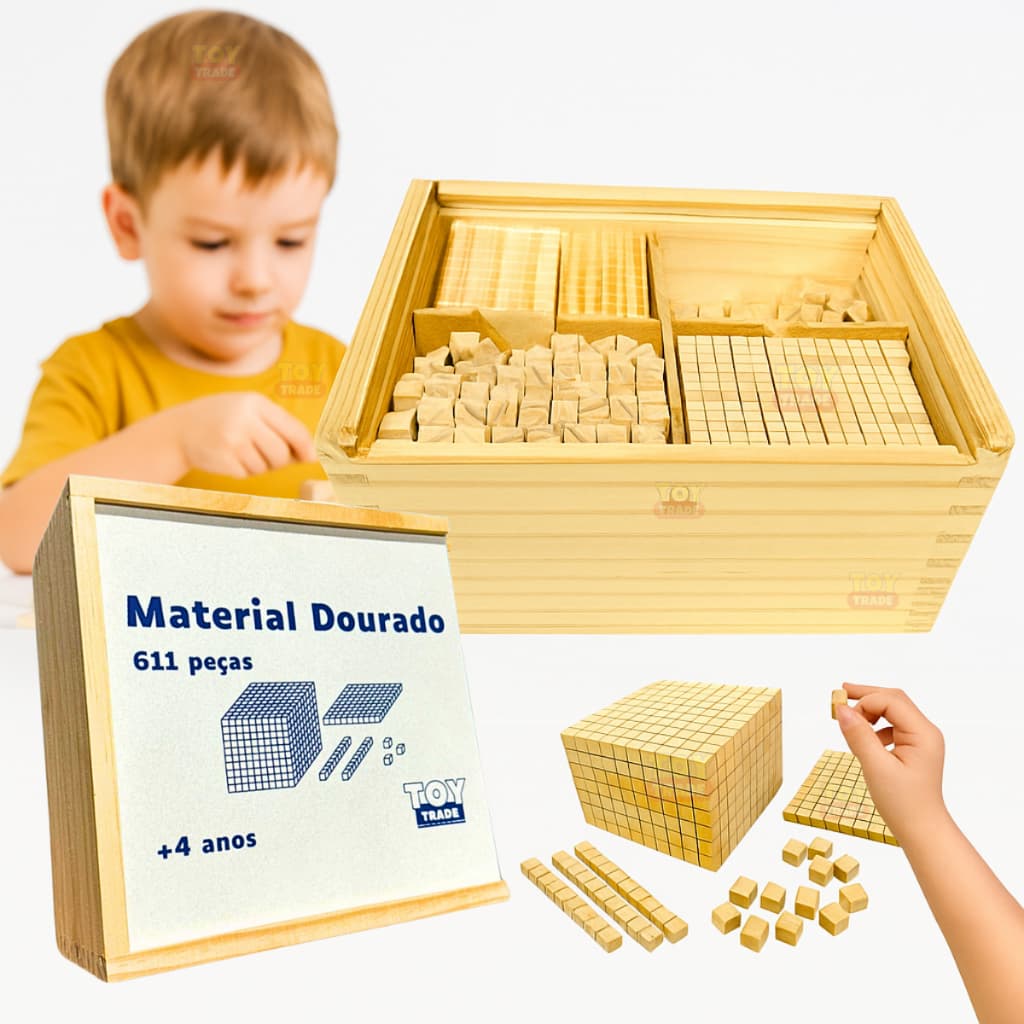 Material Dourado Pedagógico Individual em Madeira – Unidades, Dezenas, Centenas e Milhar Toy Trade