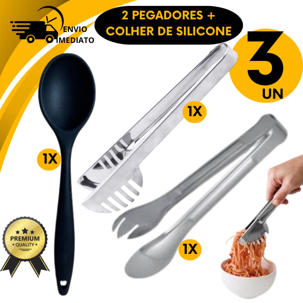 Kit Utensílios Cozinha  Pegador de Salada + Pegador de Massas + Colher de Silicone