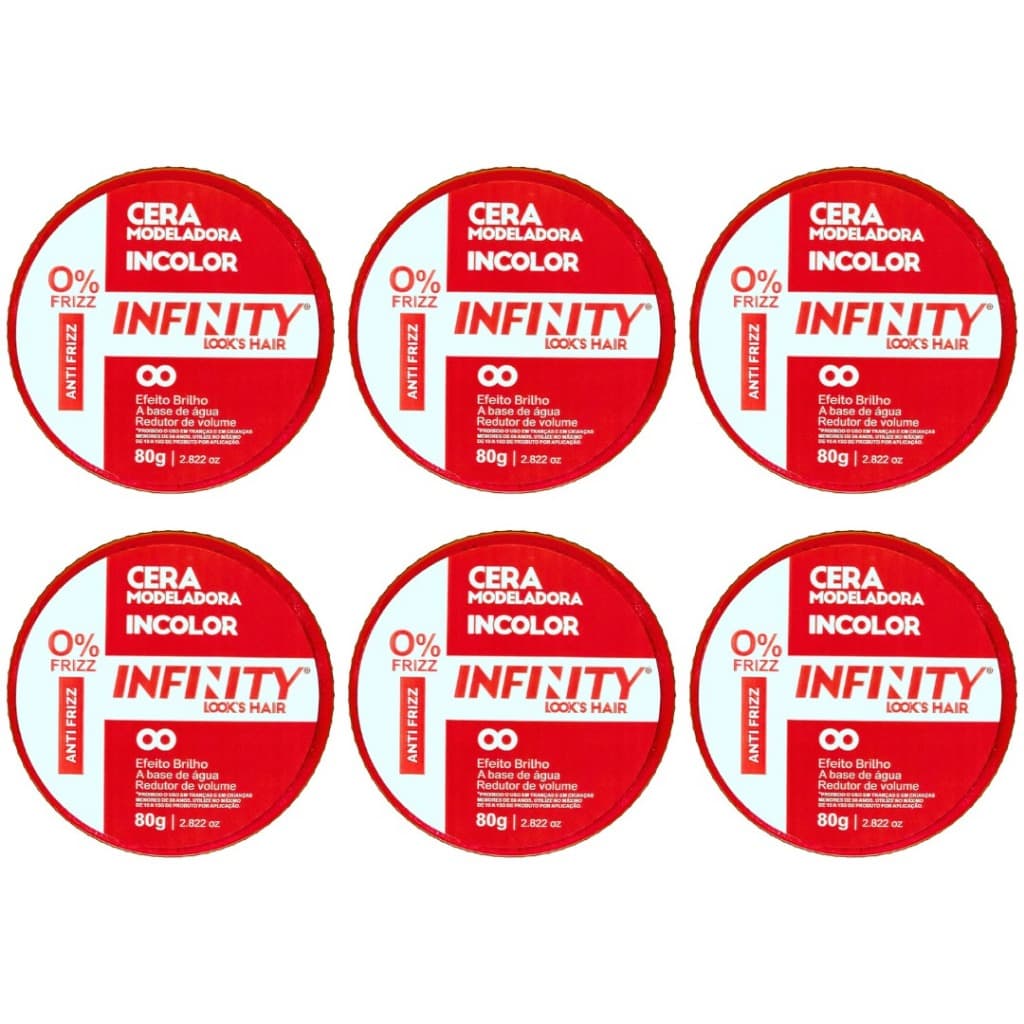 Kit 6x Cera Modeladora 80g Incolor Vermelha Infinity  Anti Frizz  Alta Fixação  Efeto Brilho