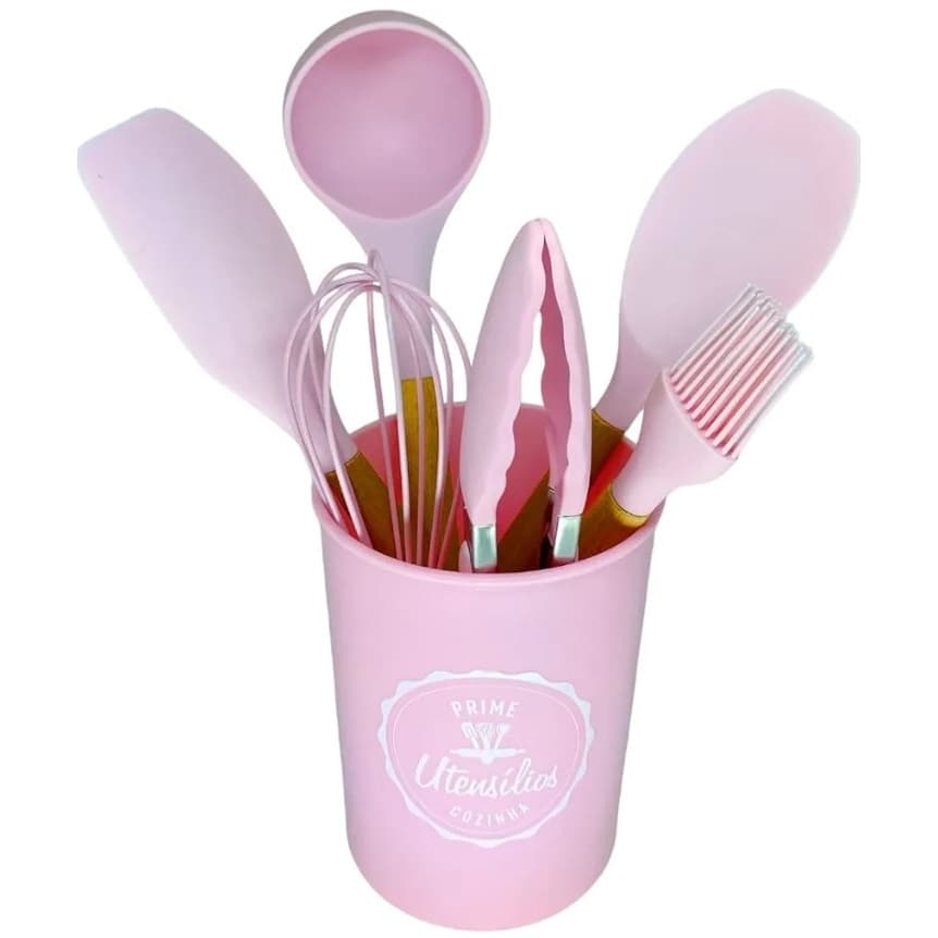 Conjunto de Utensílios de Cozinha 7 Peças Rosa Silicone e Madeira