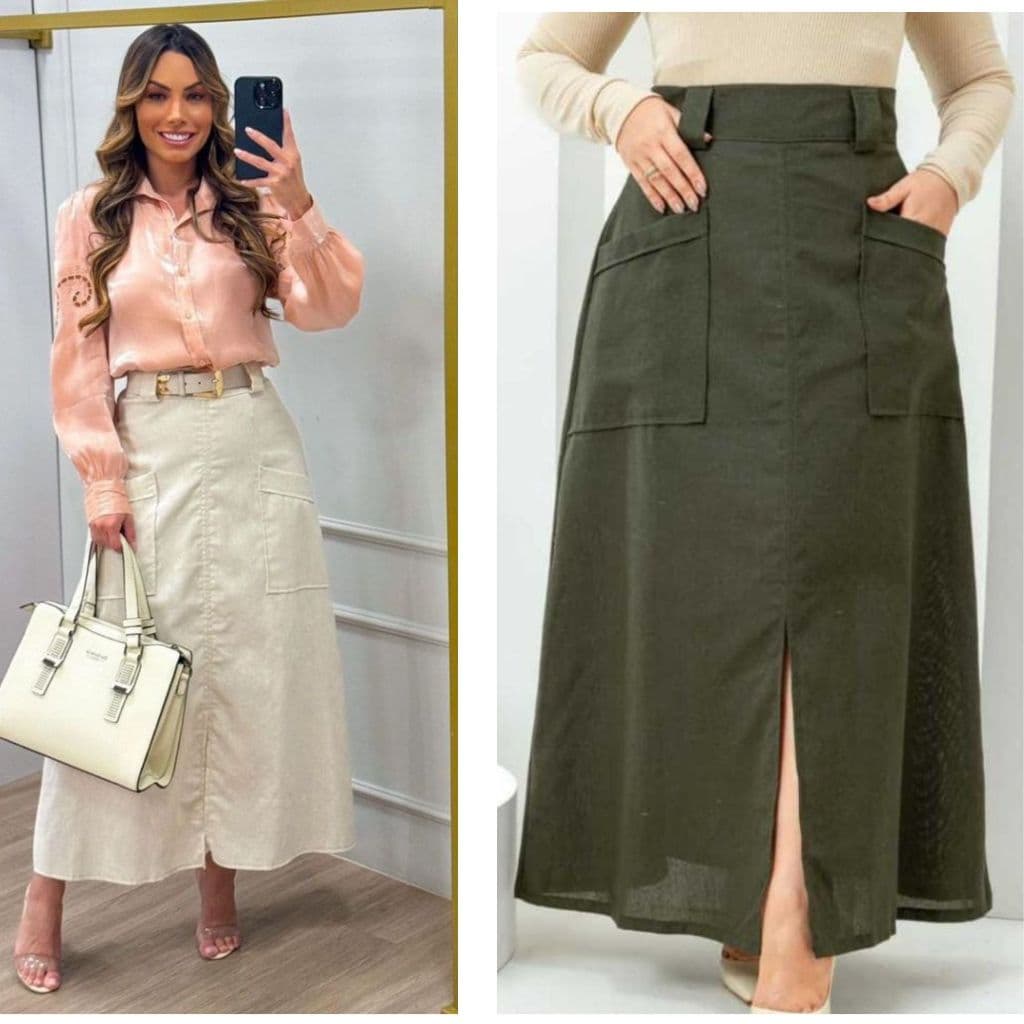 Saia Longa Cintura Alta Linho Forrada Com Bolsos Saia Longa evangélica P, M, G e GG