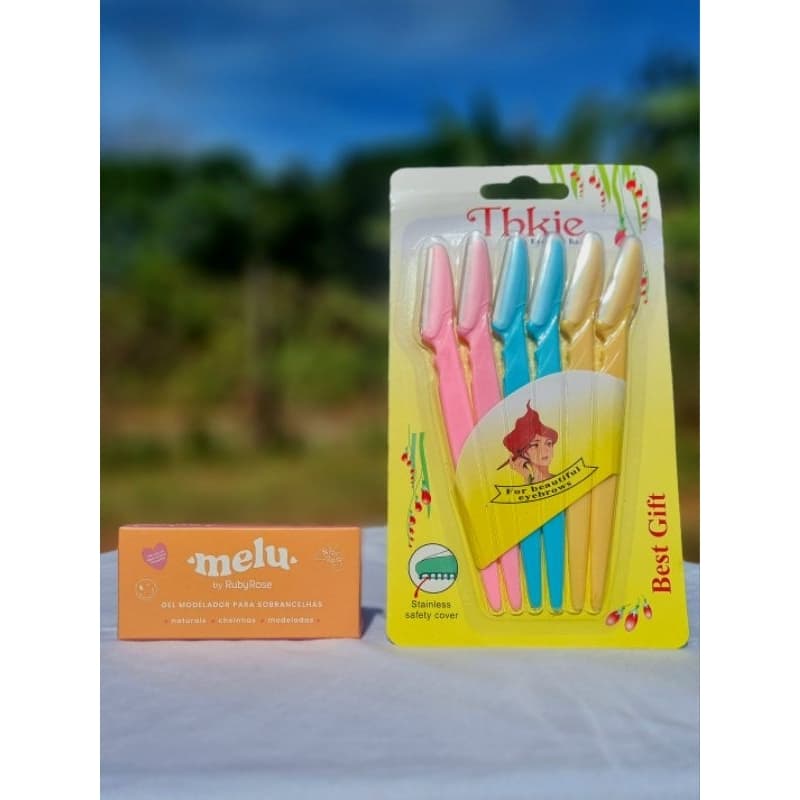 Kit para sobrancelha Gel modelador Melu e Lâminas para rosto e busto - Gel modelador Melu - Kit navalha para sobrancelha
