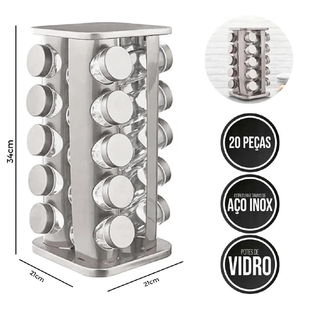 Porta Tempero Condimento Inox 20 Potes Frascos Vidro Suporte Giratório Cozinha Decoração Etiqueta E Caneta
