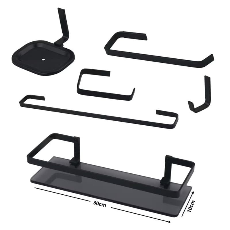 Kit Banheiro quadrado 5 Peças Preto Fosco + Porta Shampoo Reto quadrado Vidro Fumê | Design Quadrado Moderno