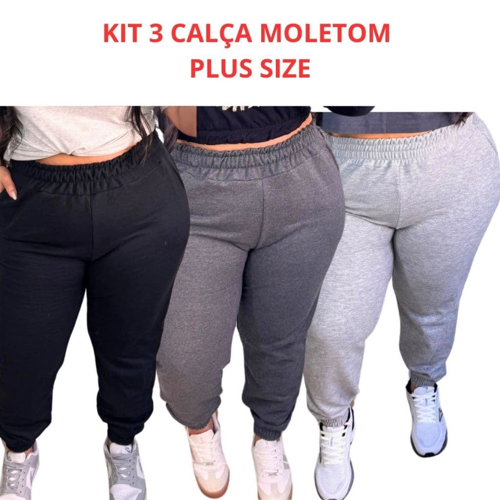 kit 3 Calça Moletom Feminina Jogger  Plus Size Cintura Alta Blogueira  Quentinho Promoçao