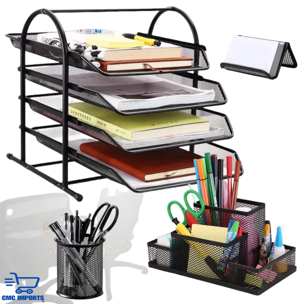 Kit 4 Organizadores de Mesa Escritório Porta Caneta Papel Carta Suporte 4 Bandejas Treco Home Office