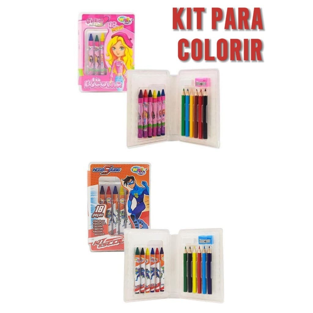 Kit Estojo Escolar Infantil para Colorir com 18 Peças