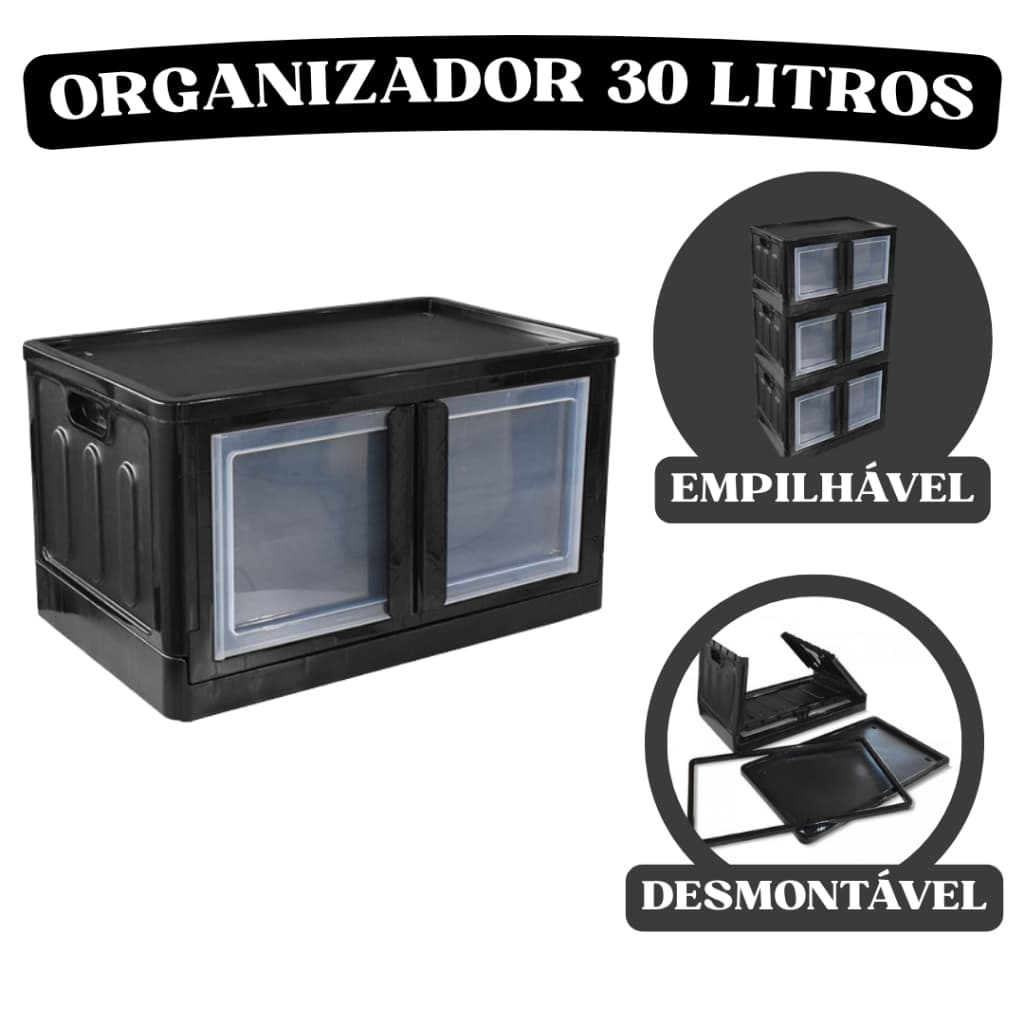 Organizador Dobrável Porta Dupla Preto - Empilhável e Compacto - 30 Litros - 1 UNIDADE - TOY 25918