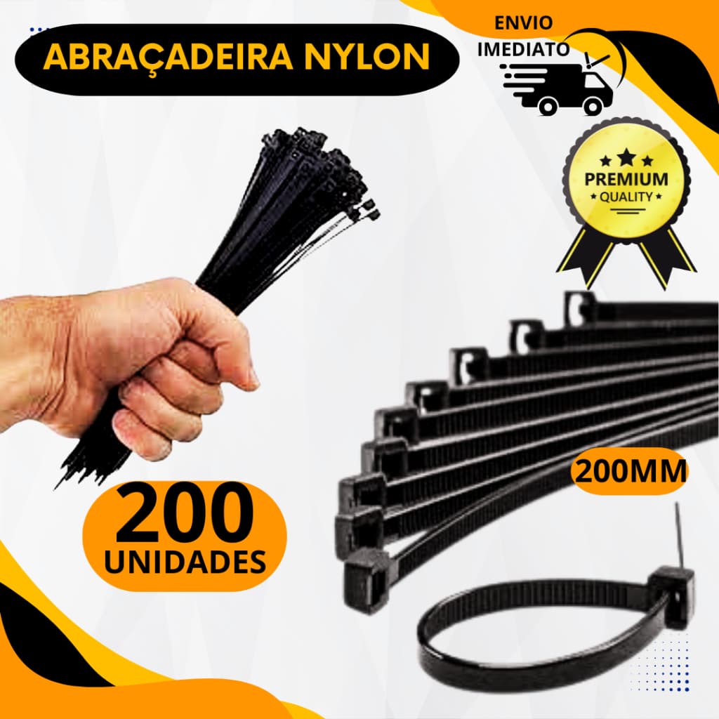 Kit 200 Enforca Gato Cinta Plástica Nylon Abraçadeira Preto 200MM 20CM