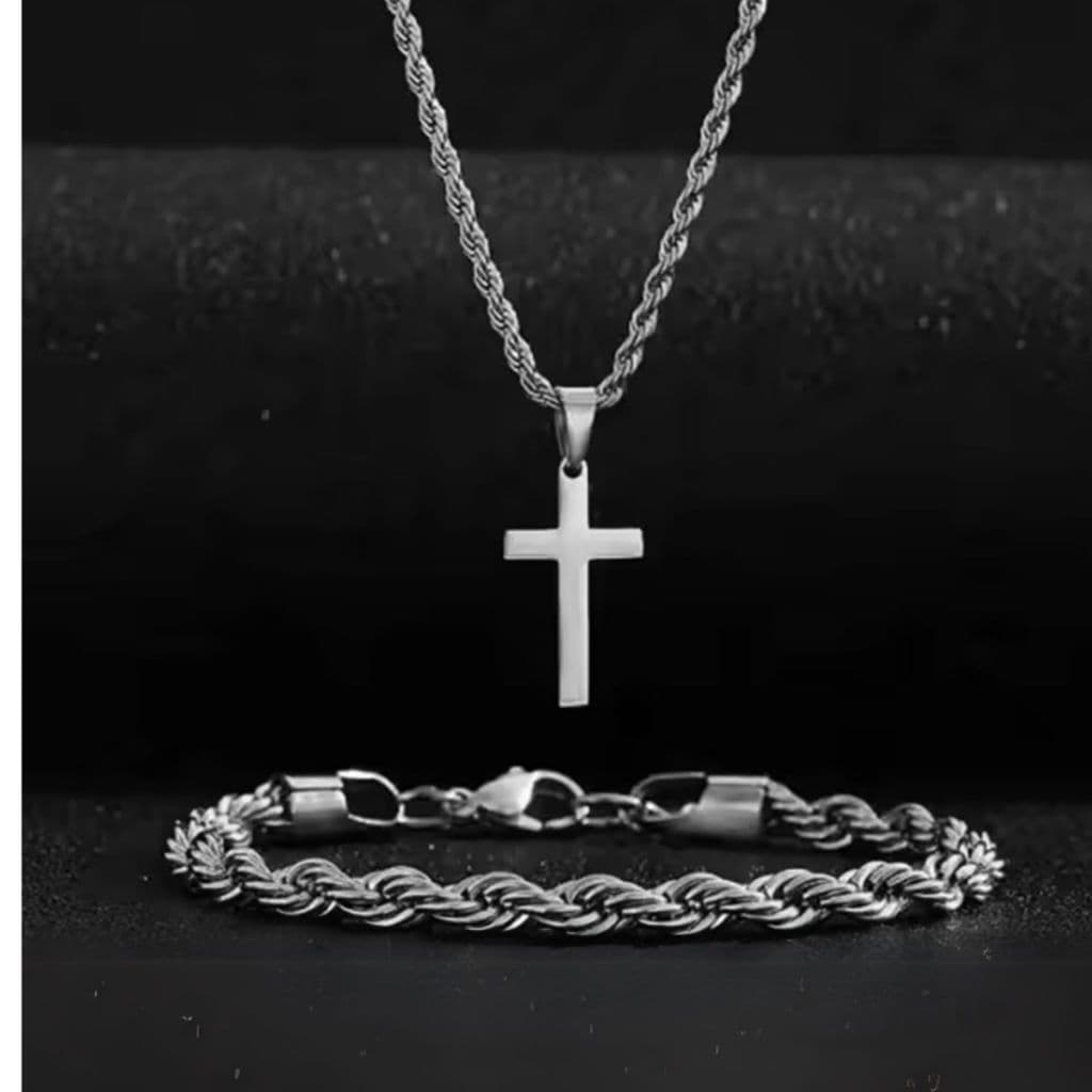 Conjunto Corrente Com Pintente Cruz + Pulseira Aço Inox Unissex - Colar Crucifixo Masculino Feminino