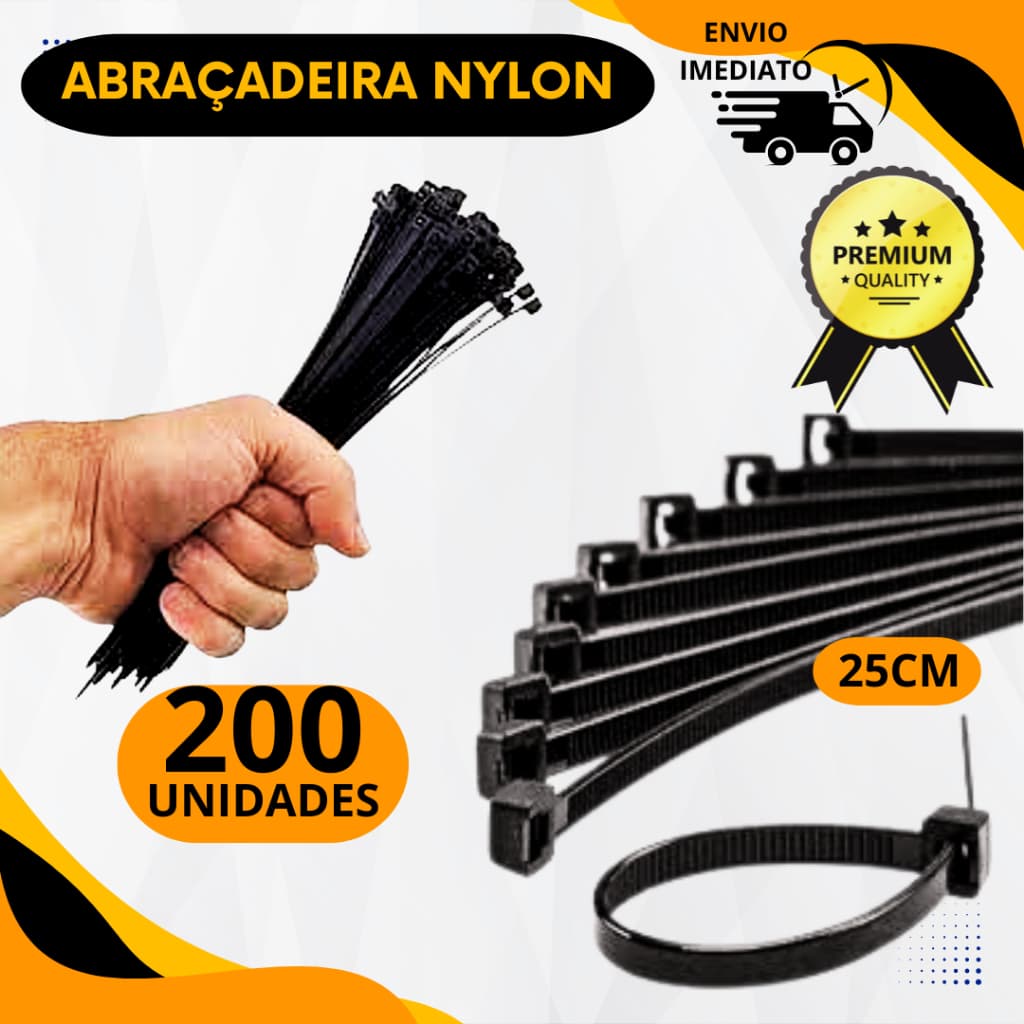 Kit 200 Abraçadeiras Plasticas de Nylon 25cm Presilha Fios Cabos Amarra Enforca Gato Braçadeira