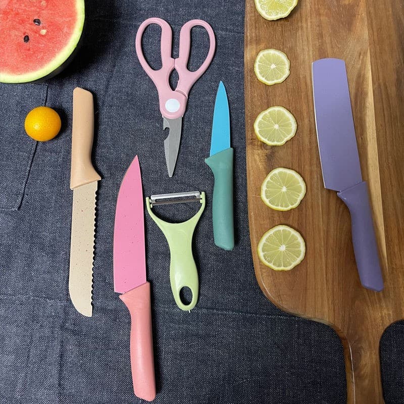 Jogo De Facas Inox Descascador E Tesoura 6 Peças  Colorido